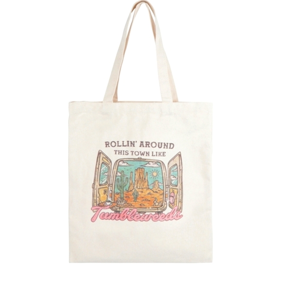 Boho western rolling around this town like a tumbleweed eco-friendly canvas tote - Picture 1 of 1